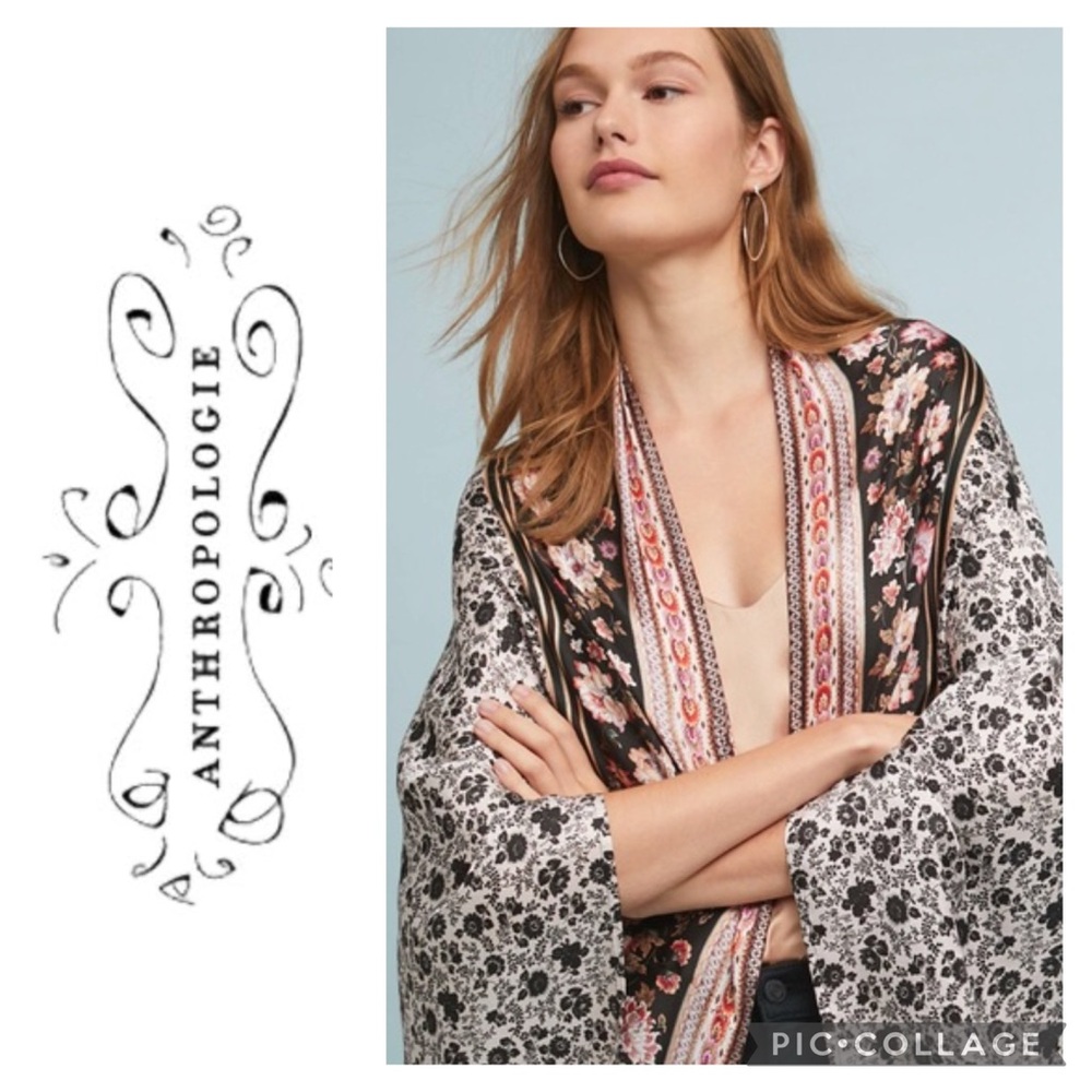 🦋Anthropologie Kachel Collab Mirrored Floral Black White Blush Silk Kimono🦋